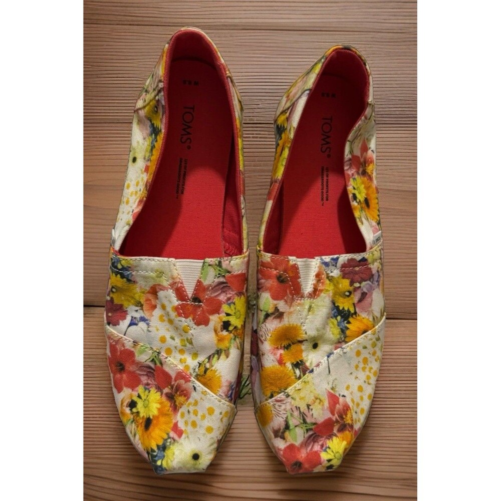 NWT Toms Shoes 8.5 Women's Alpargate Yellow Pink Floral Flats Loafers Slip-Ons
